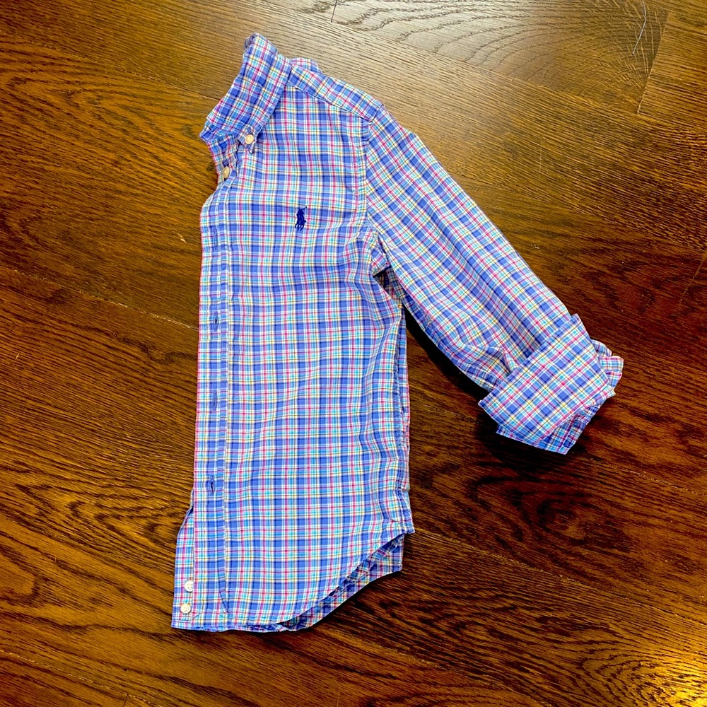 Ralph Lauren 4T blue, teal & soft red plaid button down, in perf condition